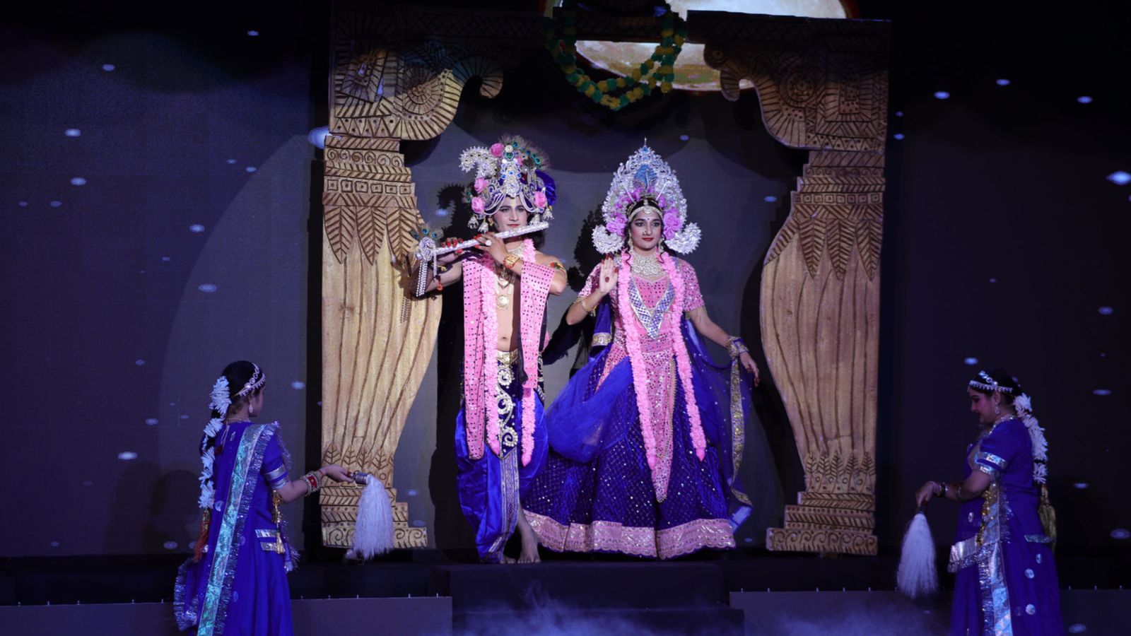 Bhavya Kavikala Arts performers on stage during a grand devotional production in Jaipur.