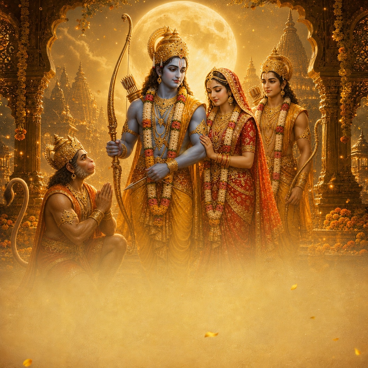 Ram Darbar — Rama, Sita, Lakshmana and Hanuman, artwork from the Bhavya Kavikala Arts Ramayan production theme
